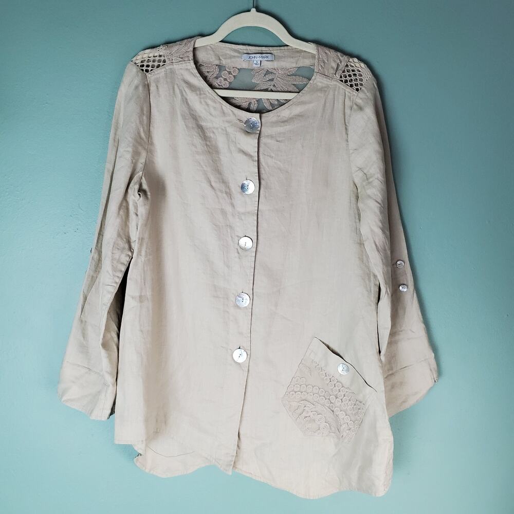 John Mark Womens Cream Linen Button Up Asymmetric Hem Tunic Top Size Small